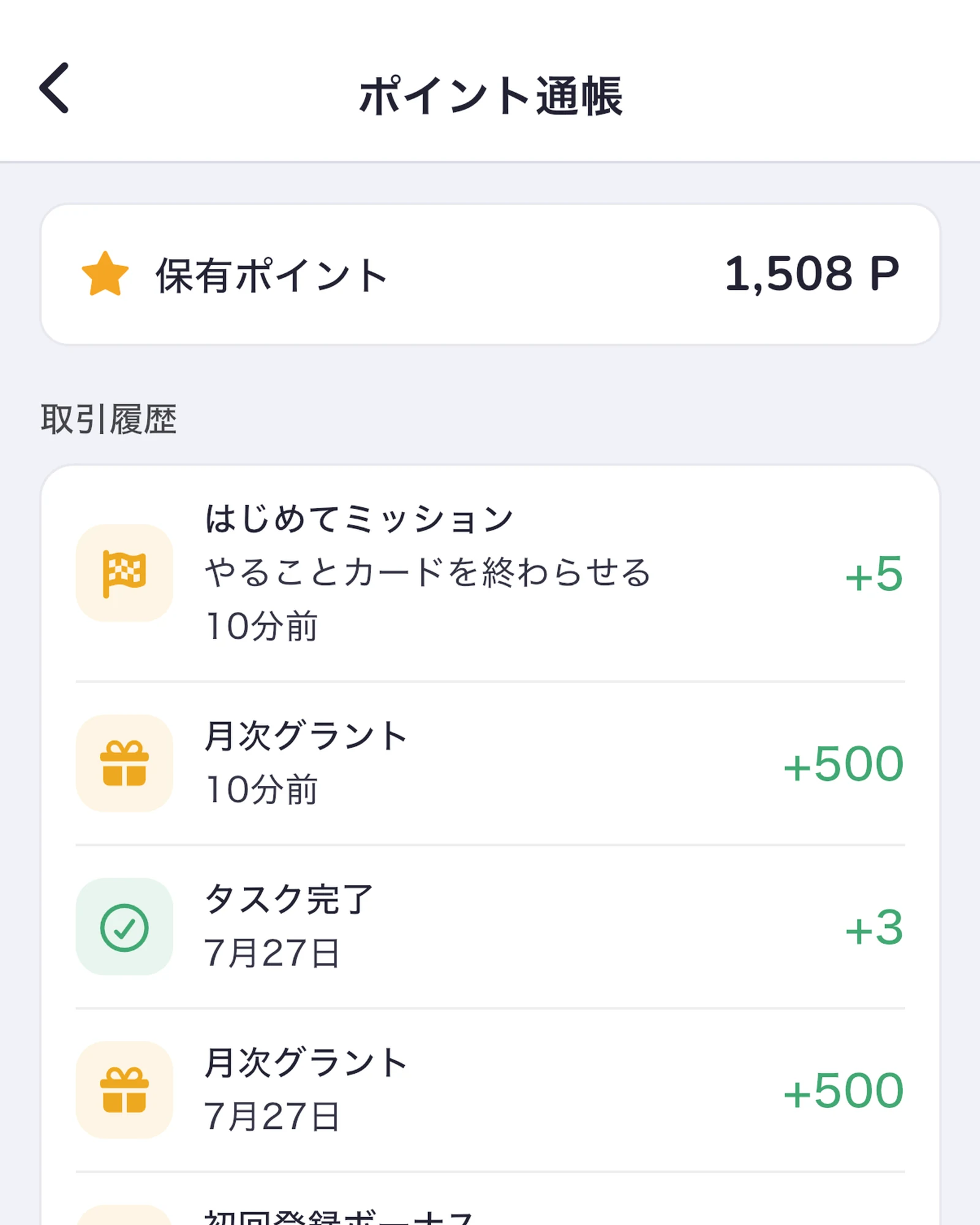 たまったポイントと、続いた日数が表示された画面