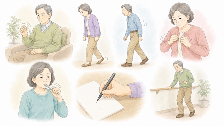 運動症状のイメージ：震え・歩行・ボタン・字を書く