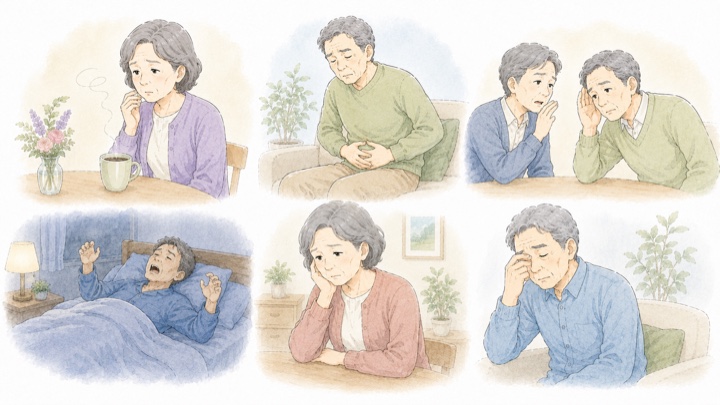 非運動症状のイメージ：嗅覚・便秘・睡眠・うつ