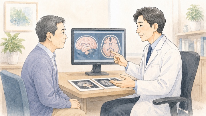 画像検査シーン：医師がMRI等の検査結果を説明する場面